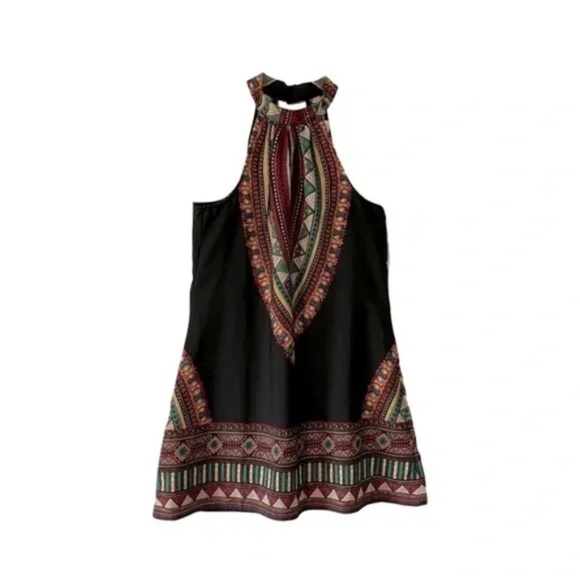 Band Of Gypsies | Black Boho Mixed Print Halter Mini Dress, Medium - Picture 1 of 6